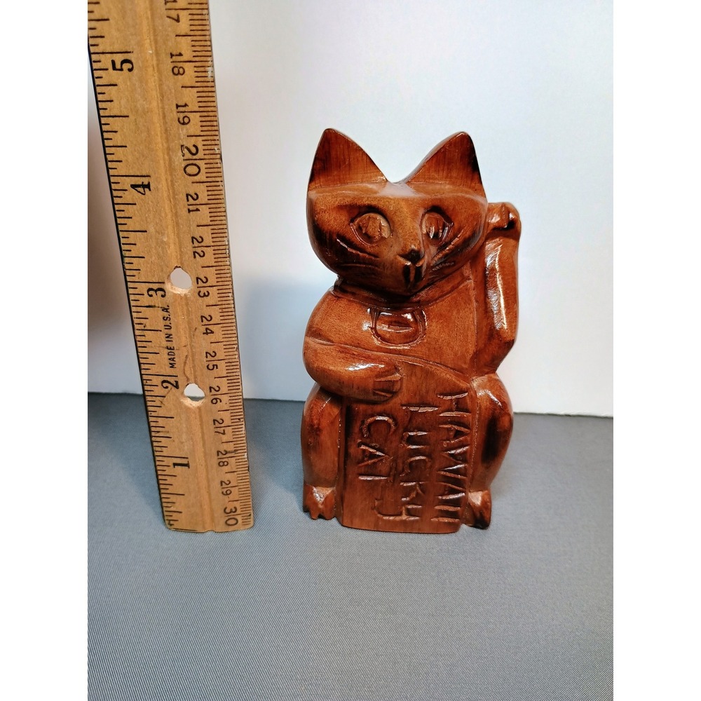 Vintage Hawaii Lucky Cat Hand Carved‎ Wood Maneki Neko Figurine Philippines 4.5"